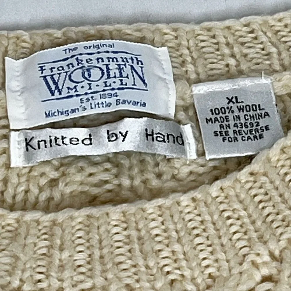 Vintage Frankenmuth Woolen Mill cream colored hand knit crew neck wool sweater s